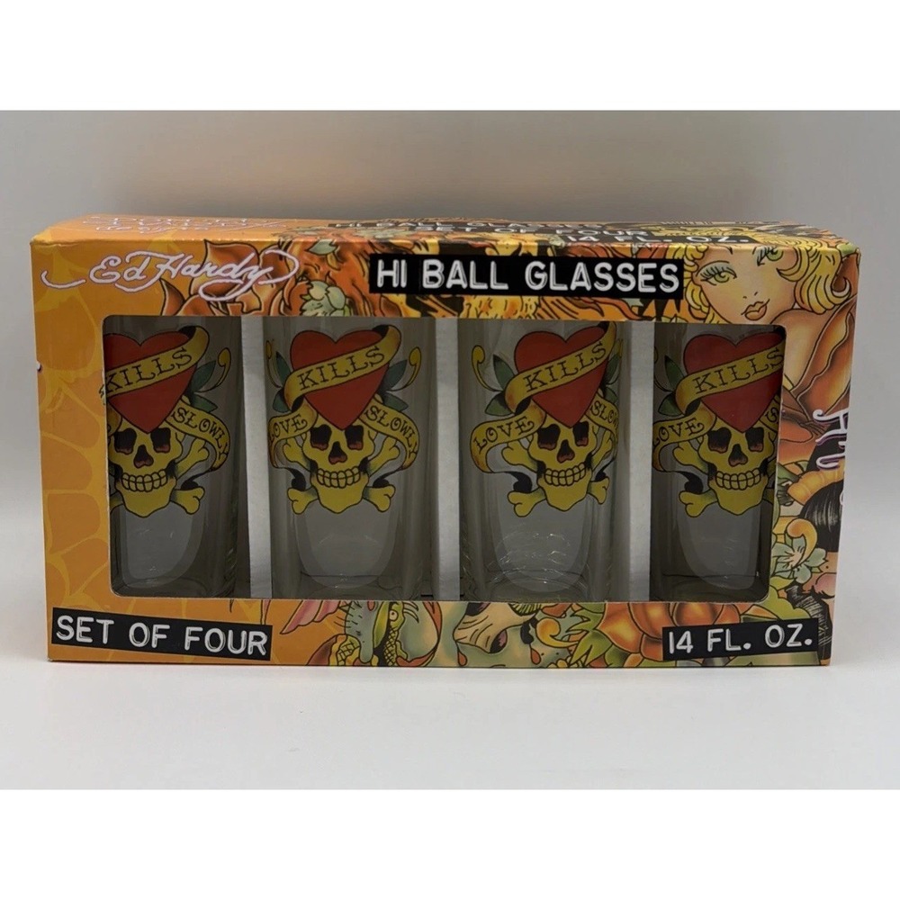 Ed Hardy Hi Ball 14 oz Glasses. Set of 4 Love Kills Slowly Design. New in Box.